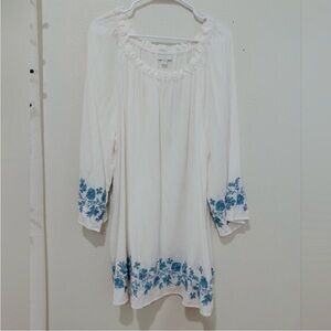 J Jill White Tunic w/ Blue Floral Design. Embroidered Gauzy Blouse/Dress Size XL